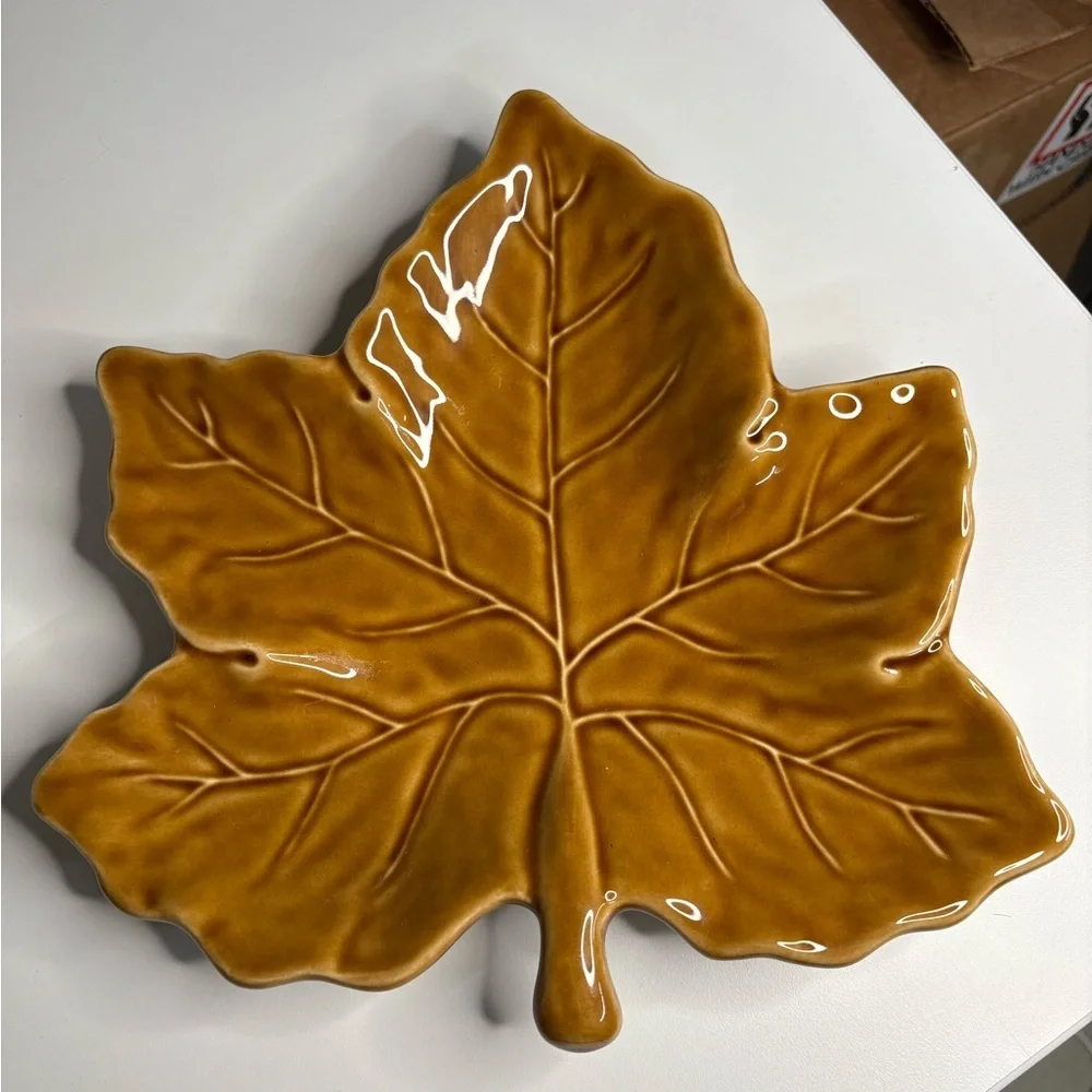 Ceramic Maple Leaf Decorative Plate in Mustard Brown - Home Art Pottery Barn